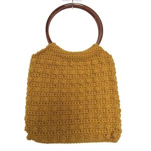 Crochet Handbag Purse with Wood Handles Gold Mustard Handmade Retro Vintage Bag